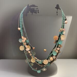 Beaded Stone Statement Necklace Multi Strand Aqua Blue Brown Bronze Boho 30”